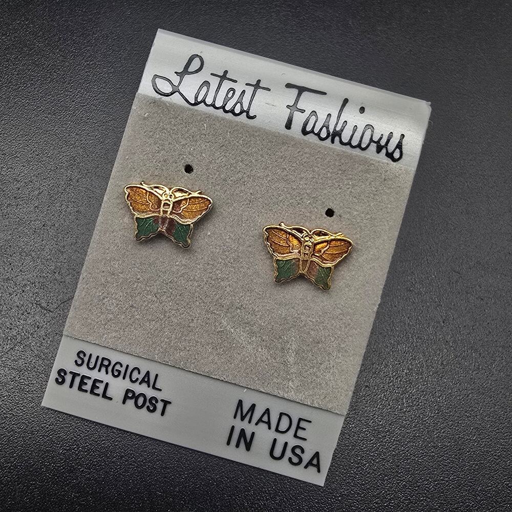 Cloisonne Enamel Butterfly Stud Earrings Vintage 1980s NOS On Card NWT